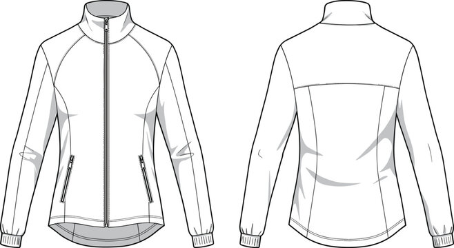 Flat vector illustration, fashion technical sketch, zippered jacket design, high collar, ribbed cuffs, curved hem, garment template, clothing drawing