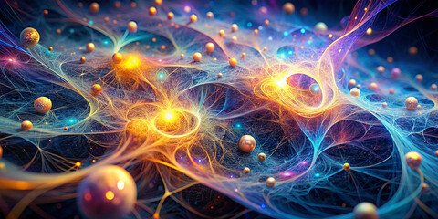 A vibrant cosmic scene showcases swirling energy patterns and glowing spheres floating in a dark background. The colorful design creates a sense of depth and intrigue, resembling the universe