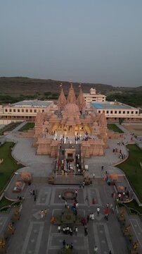 Jodhpur, Rajasthan, India - December 07, 2025 : Akshardham Temple, Jodhpur. Aerial drone view of Akshardham Mandir in vertical 