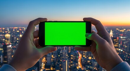 Hands holding a smartphone with a horizontal green screen for mockups, overlooking a sprawling city at twilight from a high viewpoint