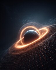 Concept art showing space time curvature glowing 3D grid bending around massive planet elegant representation of Einsteins theory futuristic glow