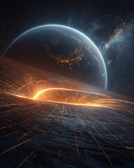 Concept art showing space time curvature glowing 3D grid bending around massive planet elegant representation of Einsteins theory futuristic glow