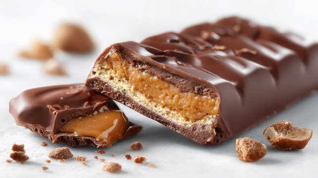 Decadent chocolate caramel candy bar, broken open to reveal delicious layers, perfect for food blogs, advertising, and tempting visuals