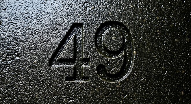 The number forty-nine deeply engraved into a dark, rough, textured industrial surface of cast metal or stone