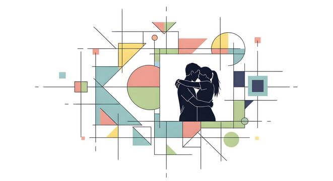 Romantic couple embracing silhouette with abstract geometric lines and shapes.