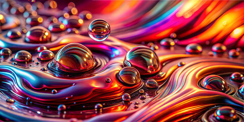 Bright droplets form on a glossy surface, reflecting vivid colors in a swirling pattern. The scene evokes a dreamlike quality, enhancing the allure of the liquid textures