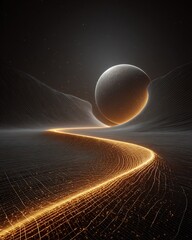 Concept art showing space time curvature glowing 3D grid bending around massive planet elegant representation of Einsteins theory futuristic glow