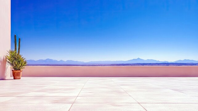A potted cactus sits on a light-colored tiled patio, with a pink wall and a distant mountain range visible under a bright blue sky. - Powered by Adobe