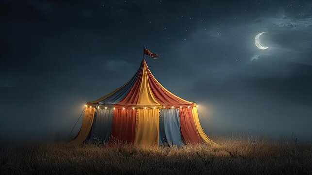 Bright circus tent glowing under starry night concept. Colorful circus tent illuminated under the night sky with stars.