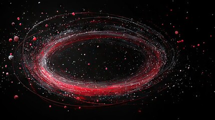 A dynamic, abstract composition of red and white particles forming an elliptical vortex against a dark void, suggesting movement and energy.