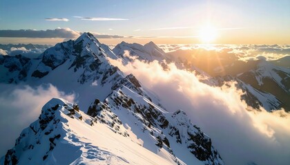 A breathtaking aerial view of a rugged, snow-covered mountain range bathed in the warm glow of sunrise, with clouds swirling around the peaks.