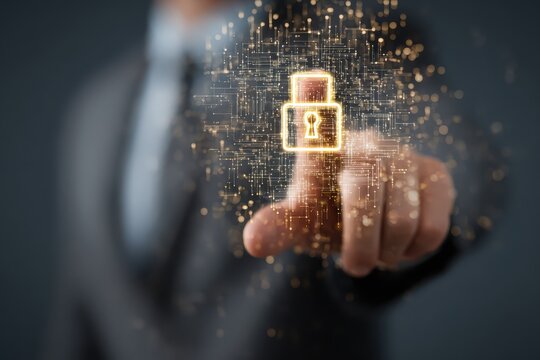 Businessperson demonstrates digital security symbol with hand gesture in a modern office setting during a technology presentation