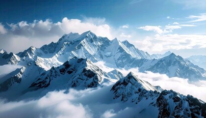 A panoramic view of jagged, snow-covered mountain peaks piercing through a layer of soft white clouds under a bright blue sky.