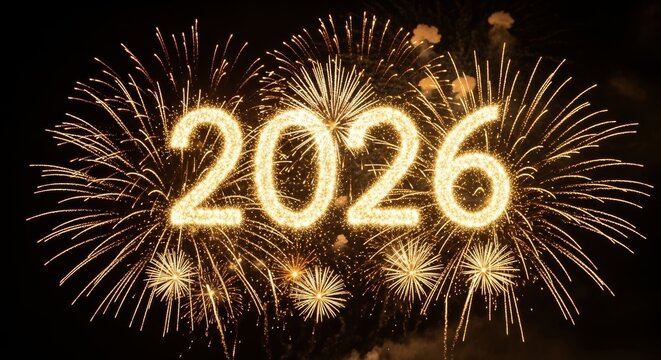 Golden fireworks burst in dark sky with illuminated “2026” at center. New Year’s Eve. Holiday promotions, banners