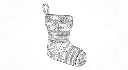 Festive Christmas stocking with intricate patterns ready for coloring, perfect for holiday crafts and creative projects for kids and adults alike