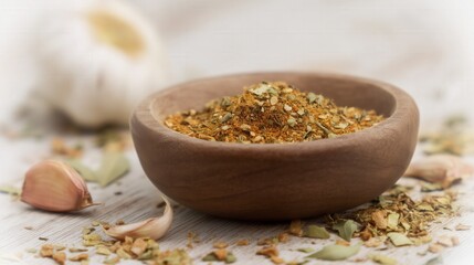 Aromatic spice blend with garlic in a wooden bowl. Generative AI