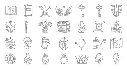 Fototapeta premium Fantasy RPG Assets: Outline Icons for Game Design and Illustration, Perfect for UI Design