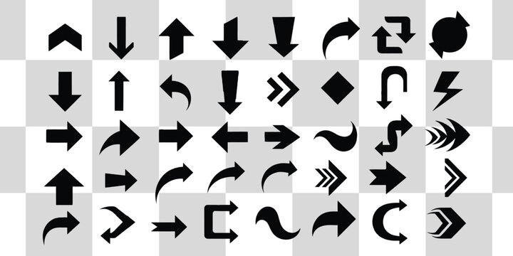 Collection of various black arrow symbols pointing in different directions on a checkered background