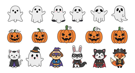 Naklejka premium Whimsical Halloween Characters: A Collection of Cartoon Ghosts, Pumpkins, and Animal Costumes