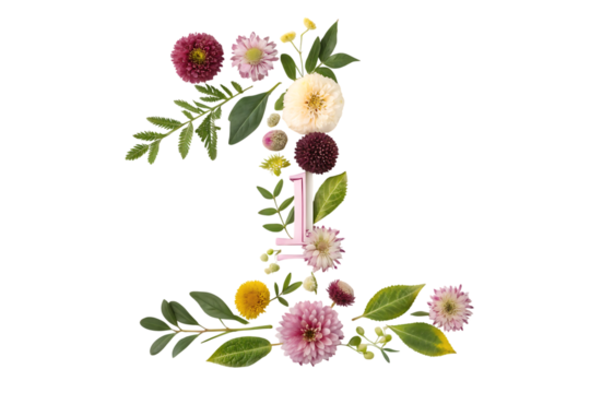 Number 1 made of real natural flowers and leaves artistic nature design