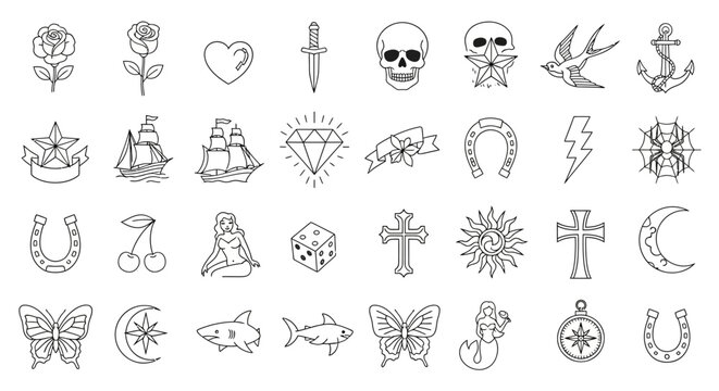 Various classic tattoo flash art elements isolated on a white background for design projects with
