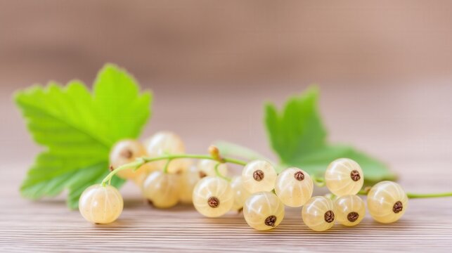 Fresh white currant berries with leaves on wooden background. Generative AI