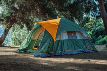 Spacious green camping tent set up in a serene forest location for a memorable outdoor adventure with friends and family