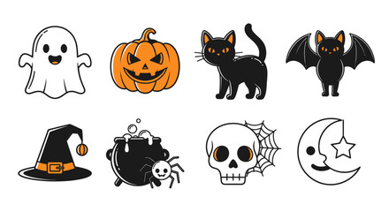 Collection of cute and spooky Halloween cartoon elements for festive decorations or party