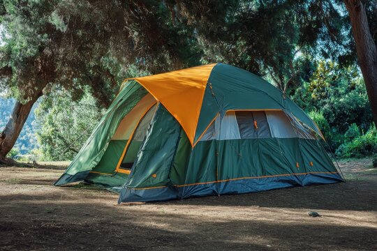 Spacious green camping tent set up in a serene forest location for a memorable outdoor adventure with friends and family