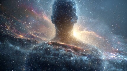 Conscious universe paradox glowing human form dissolving into galaxies symbolic fusion of mind cosmos surreal philosophical cosmology art