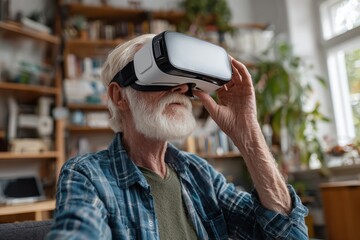 Senior man explores new worlds with virtual reality headset in cozy indoor space during afternoon moments of leisure