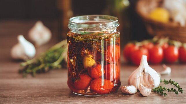 Marinated Cherry Tomatoes with Garlic and Herbs in Glass Jar. Generative AI