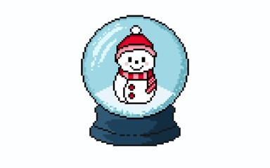 Pixel art of a snow globe with a blue base. Inside, a cute snowman wearing a red winter hat and striped scarf is smiling cheerfully on a bed of snow.perfect for seasonal designs, wallpaper, background
