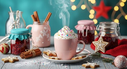 Steaming Hot Chocolate with Whipped Cream and Christmas Cookies
