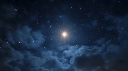 A bright radiant star shines in the dark cloudy night sky filled with countless stars