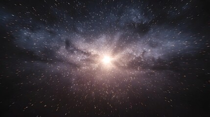 A bright radiant burst of light emanates from the center of a vast star filled galaxy conveying motion through deep space