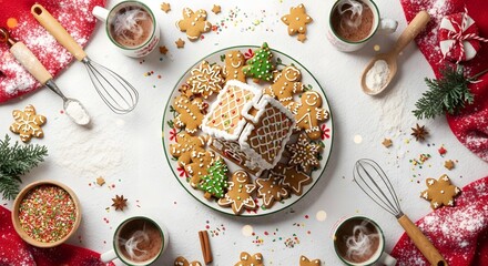 Overhead View of Gingerbread House and Christmas Cookies Baking