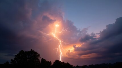Dramatic lightning bolt illuminates colorful stormy evening sky above silhouetted trees
