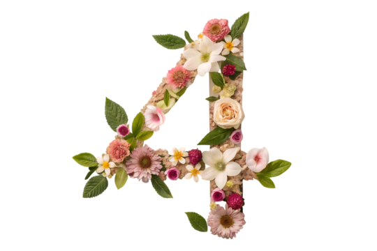 Number 4 made of real natural flowers and leaves creative nature art design