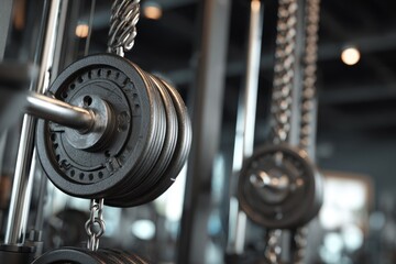 Weight machine with pulleys and weight discs in a fitness center during afternoon workout session focused on strength training and conditioning