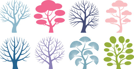 Eight stylized trees in pastel colors on white background