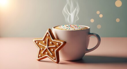 Cozy Steaming Hot Drink with Festive Gingerbread Star Cookie