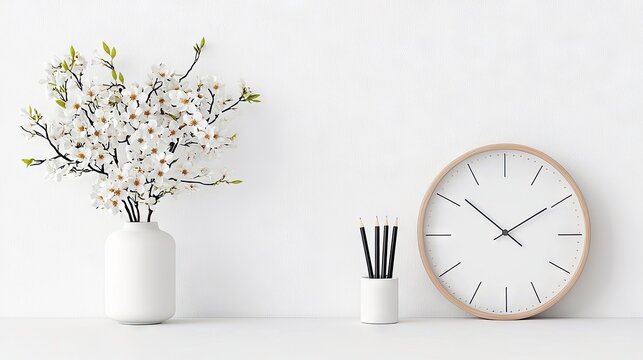 A clean and modern desk setup featuring a white vase with delicate white flowers and a minimalist wall clock with a wooden frame.