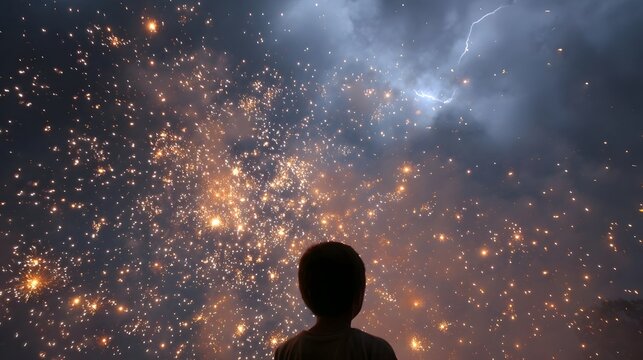 A child silhouetted against a dramatic night sky filled with vibrant fireworks and distant lightning