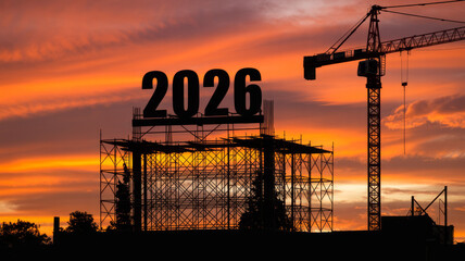 Sunrise silhouette of a construction site with the number 2026 prominently displayed.