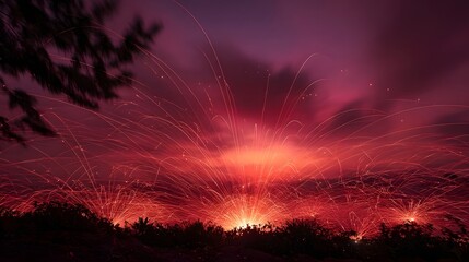 A dramatic display of red fireworks exploding with glowing trails in a dark twilight sky above silhouetted foliage
