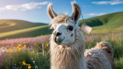 Obraz premium Fluffy llama with a tag stands in a field of wildflowers under a sunny sky.