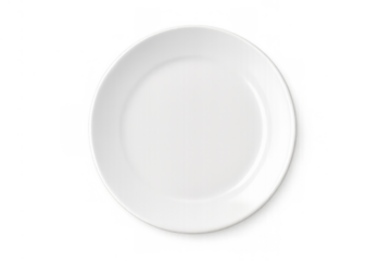 White round empty dinner plate with wide rim showing clean ceramic surface, top view, transparent background