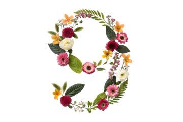 Number 9 made of real natural flowers and leaves creative nature inspired decoration