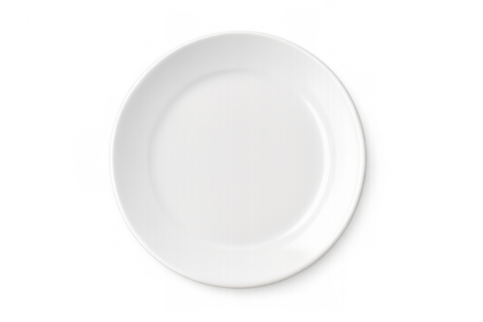 White round empty dinner plate with wide rim showing clean ceramic surface, top view, transparent background